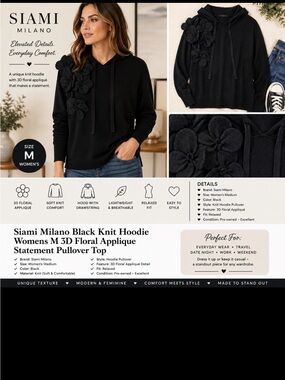 Siami Milano Women’s Black Knit Hoodie Sweater M Floral 3D Applique Pullover